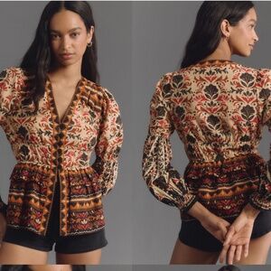 NWT ANTHROPOLOGIE X FARM RIO Long-Sleeve V-Neck Printed Blouse